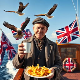 A British man standing proudly on a ship, enjoying a cup of tea and a plate of fish and chips