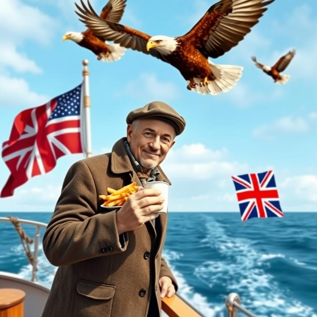 A British man standing proudly on a ship, enjoying a cup of tea and a plate of fish and chips