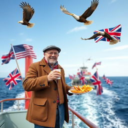 A British man standing proudly on a ship, enjoying a cup of tea and a plate of fish and chips