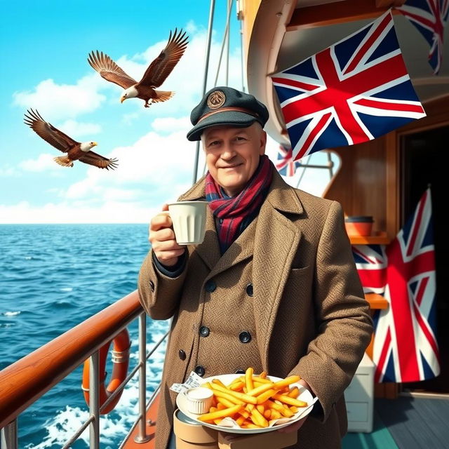 A British man standing proudly on a ship, enjoying a cup of tea and a plate of fish and chips