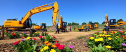 A vibrant garden construction site showing heavy machinery like excavators and graders working on landscaping