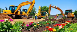 A vibrant garden construction site showing heavy machinery like excavators and graders working on landscaping
