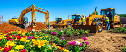 A vibrant garden construction site showing heavy machinery like excavators and graders working on landscaping