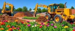 A vibrant garden construction site showing heavy machinery like excavators and graders working on landscaping