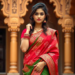 A beautiful young woman dressed in traditional Indian attire, showcasing intricate embroidery on her saree, with a vibrant color palette of reds, greens, and golds