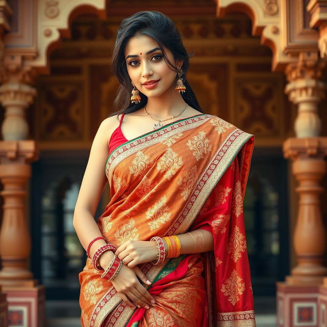 A beautiful young woman dressed in traditional Indian attire, showcasing intricate embroidery on her saree, with a vibrant color palette of reds, greens, and golds