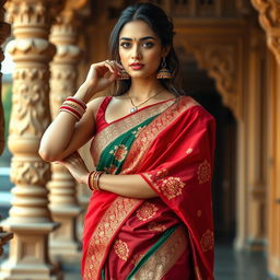 A beautiful young woman dressed in traditional Indian attire, showcasing intricate embroidery on her saree, with a vibrant color palette of reds, greens, and golds