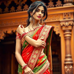 A beautiful young woman dressed in traditional Indian attire, showcasing intricate embroidery on her saree, with a vibrant color palette of reds, greens, and golds