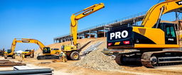 A construction site featuring heavy machinery painted in sleek black and gold colors, prominently displaying the word 'PROG' on the sides of the machinery