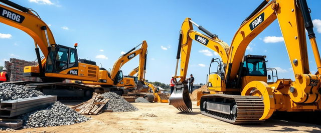 A construction site featuring heavy machinery painted in sleek black and gold colors, prominently displaying the word 'PROG' on the sides of the machinery