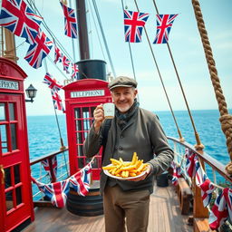A British man standing proudly on a richly detailed ship, enjoying a cup of tea and a plate of fish and chips
