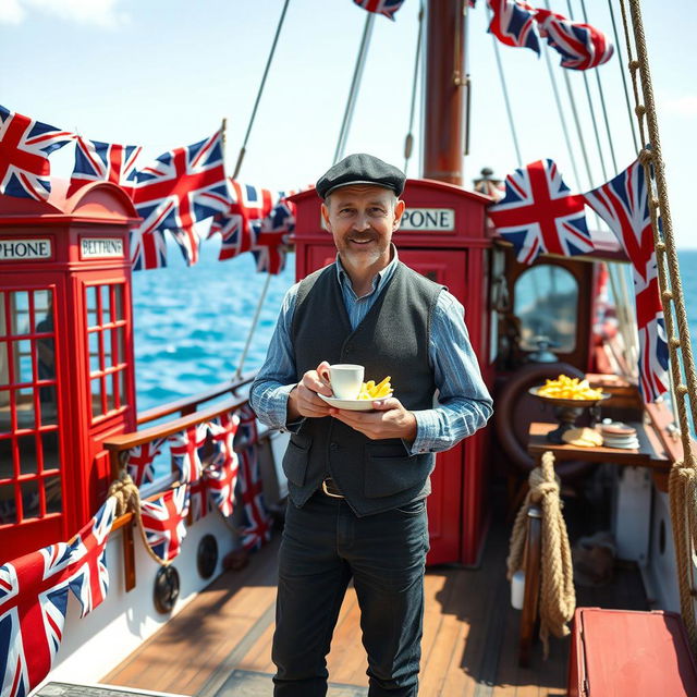 A British man standing proudly on a richly detailed ship, enjoying a cup of tea and a plate of fish and chips