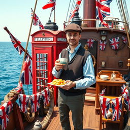 A British man standing proudly on a richly detailed ship, enjoying a cup of tea and a plate of fish and chips