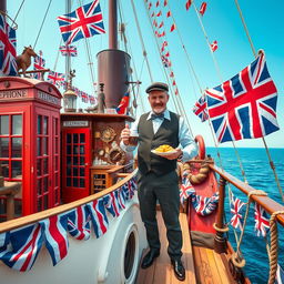 A British man standing proudly on a richly detailed ship, enjoying a cup of tea and a plate of fish and chips