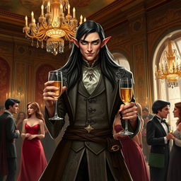 A charismatic half-elf noble scoundrel diplomat, dressed in an elegant, finely crafted outfit with intricate silver embroidery