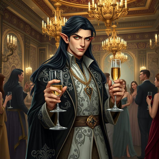 A charismatic half-elf noble scoundrel diplomat, dressed in an elegant, finely crafted outfit with intricate silver embroidery
