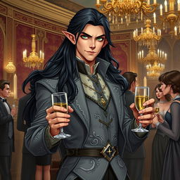 A charismatic half-elf noble scoundrel diplomat, dressed in an elegant, finely crafted outfit with intricate silver embroidery