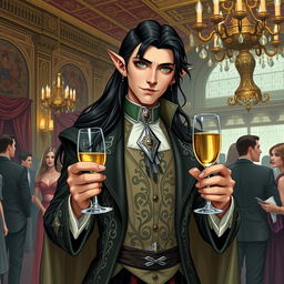 A charismatic half-elf noble scoundrel diplomat, dressed in an elegant, finely crafted outfit with intricate silver embroidery