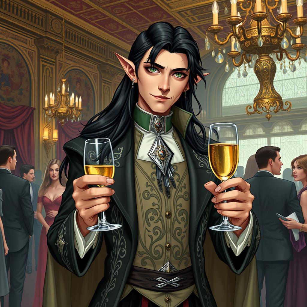 A charismatic half-elf noble scoundrel diplomat, dressed in an elegant, finely crafted outfit with intricate silver embroidery