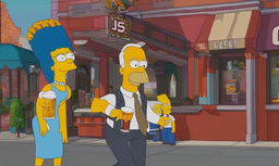 Joe Biden as a Simpsons character in Springfield, holding a Duff beer outside Moe's Tavern.