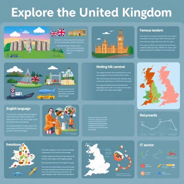 A visually engaging poster about the United Kingdom, featuring a prominent title at the top that reads 'Explore the United Kingdom'