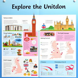 A visually engaging poster about the United Kingdom, featuring a prominent title at the top that reads 'Explore the United Kingdom'