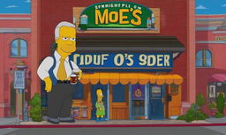 Joe Biden as a Simpsons character in Springfield, holding a Duff beer outside Moe's Tavern.