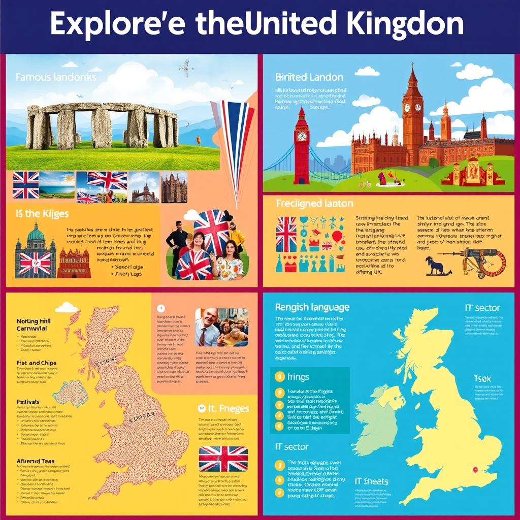 A visually engaging poster about the United Kingdom, featuring a prominent title at the top that reads 'Explore the United Kingdom'