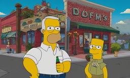 Joe Biden as a Simpsons character in Springfield, holding a Duff beer outside Moe's Tavern.