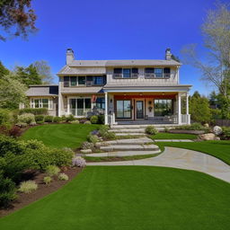 A comfortable, welcoming home exterior with a beautiful landscaped yard during a clear sunny day