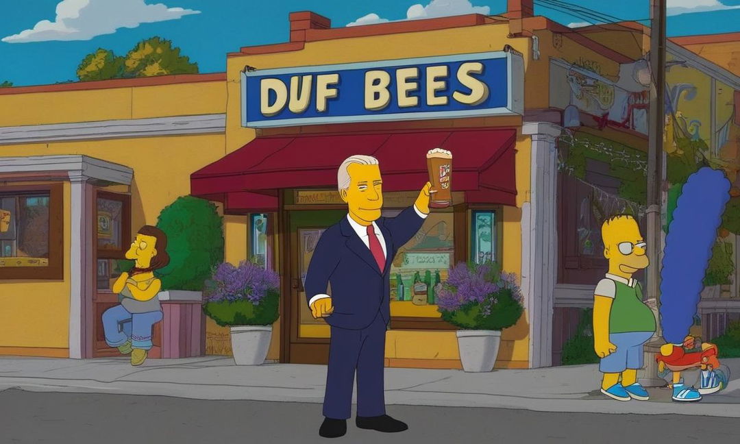 Joe Biden as a Simpsons character in Springfield, holding a Duff beer outside Moe's Tavern.