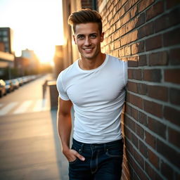 A handsome man with a chiseled jawline and piercing blue eyes, wearing a fitted white t-shirt and dark jeans