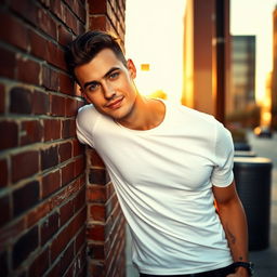 A handsome man with a chiseled jawline and piercing blue eyes, wearing a fitted white t-shirt and dark jeans