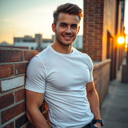 A handsome man with a chiseled jawline and piercing blue eyes, wearing a fitted white t-shirt and dark jeans