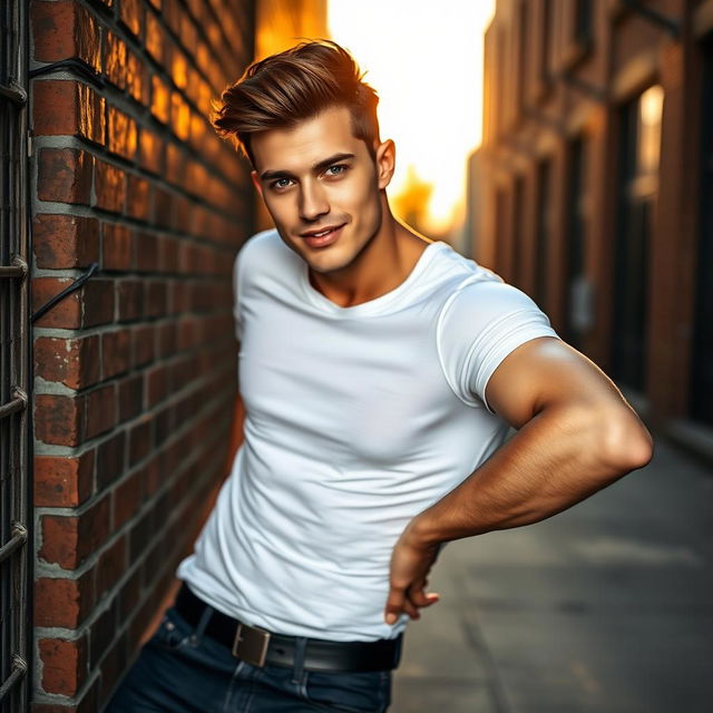 A handsome man with a chiseled jawline and piercing blue eyes, wearing a fitted white t-shirt and dark jeans