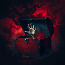 A frightening, ominous chest with a partially opened lid, revealing a creepy, ghastly hand emerging from inside