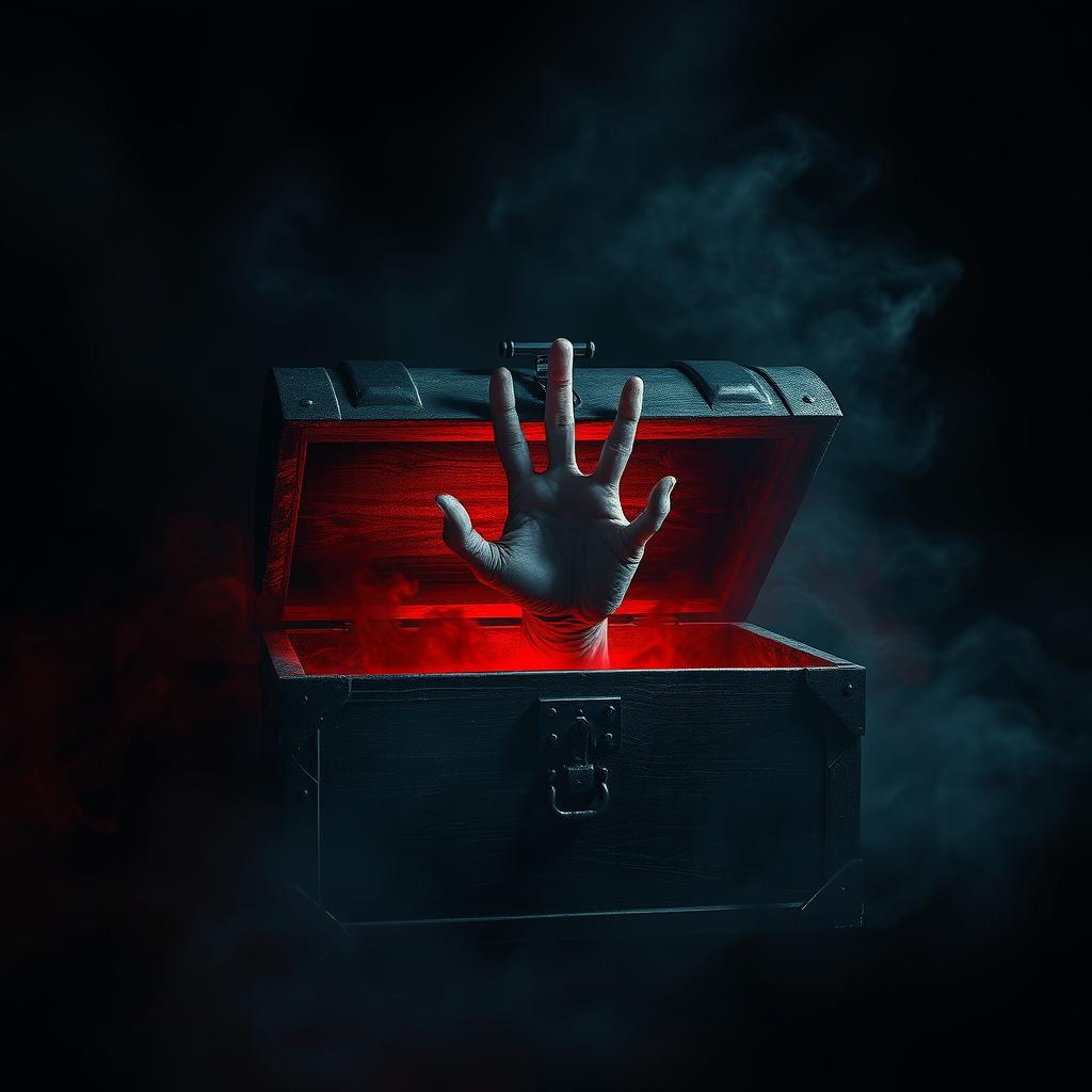 A frightening, ominous chest with a partially opened lid, revealing a creepy, ghastly hand emerging from inside