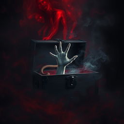 A frightening, ominous chest with a partially opened lid, revealing a creepy, ghastly hand emerging from inside
