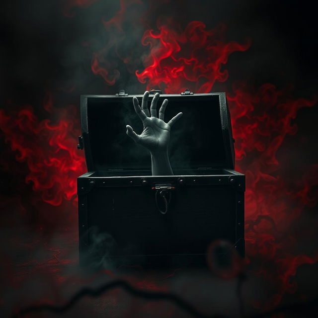 A frightening, ominous chest with a partially opened lid, revealing a creepy, ghastly hand emerging from inside