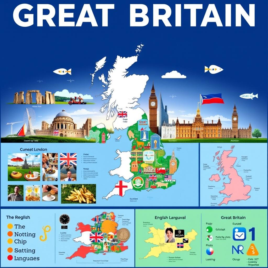 A visually captivating poster about the United Kingdom, prominently featuring the title 'GREAT BRITAIN' at the top in bold letters