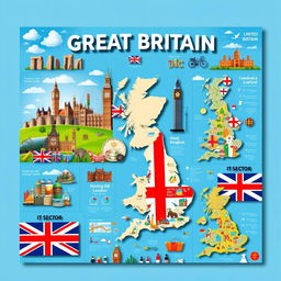 A visually captivating poster about the United Kingdom, prominently featuring the title 'GREAT BRITAIN' at the top in bold letters