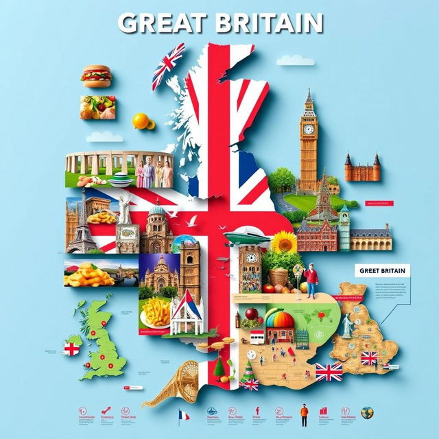 A visually captivating poster about the United Kingdom, prominently featuring the title 'GREAT BRITAIN' at the top in bold letters