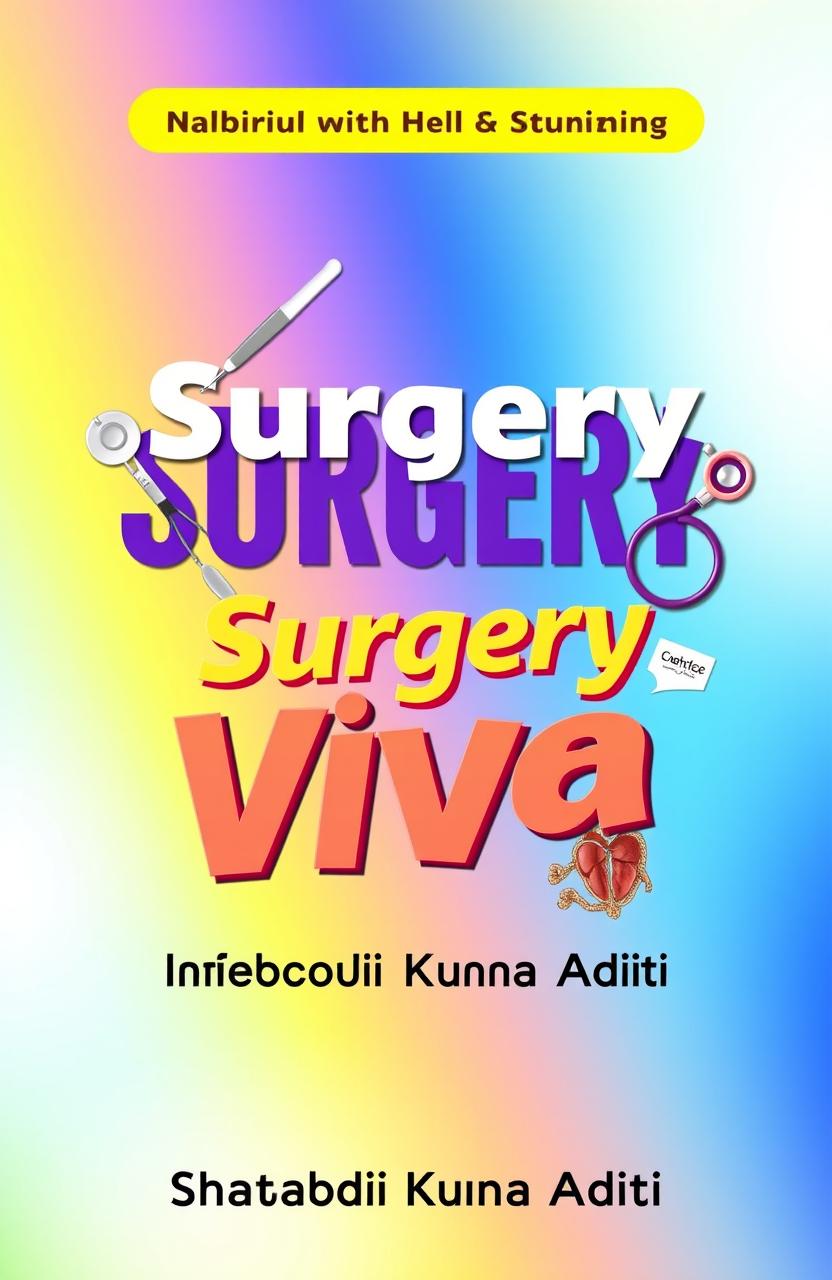 A vibrant and colorful front cover design for a book titled 'Surgery Viva' written by Shatabdi Kunda Aditi