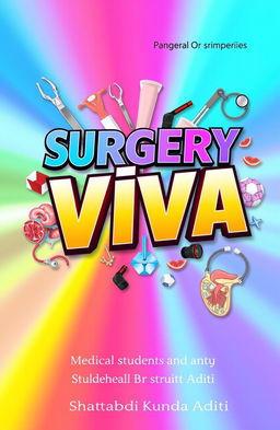 A vibrant and colorful front cover design for a book titled 'Surgery Viva' written by Shatabdi Kunda Aditi