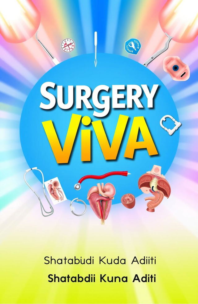 A vibrant and colorful front cover design for a book titled 'Surgery Viva' written by Shatabdi Kunda Aditi