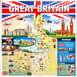 A visually captivating poster about the United Kingdom, prominently featuring the title 'GREAT BRITAIN' at the top in bold letters