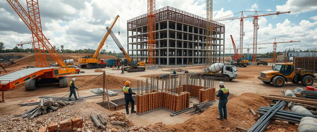 A detailed view of a civil construction site, showcasing a large, open terrain with ongoing building activities