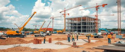 A detailed view of a civil construction site, showcasing a large, open terrain with ongoing building activities