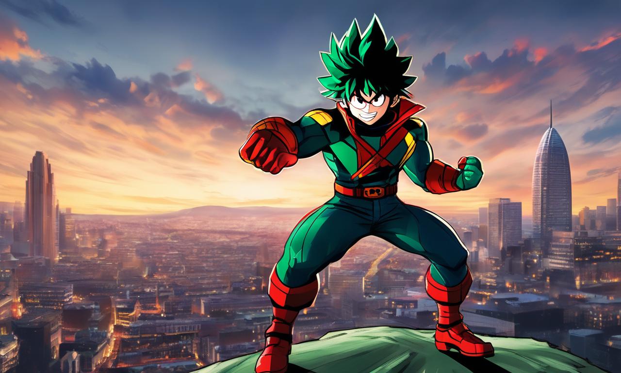 Midoriya Izuku from My Hero Academia reimagined as a Marvel superhero, standing in a dynamic pose against a cityscape at dusk