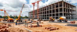 A detailed view of a civil construction site, showcasing a large, open terrain with ongoing building activities